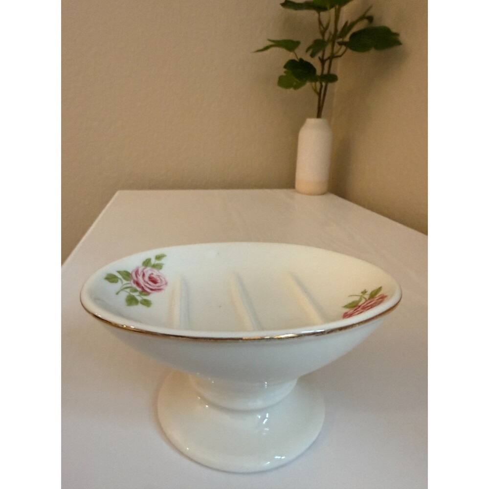 Vintage Martha Stewart Tea Rose Pedestal Soap Dish White Ceramic Oval Gold Trim